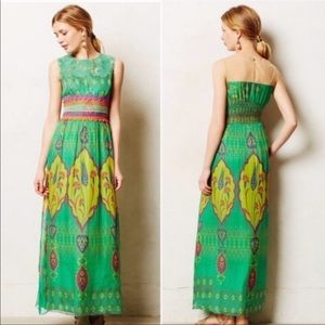 Anthropologie Green Maxi Dress with Multicolor Accents